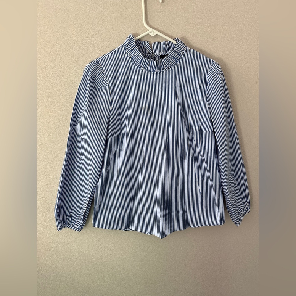 J.Crew Long-Sleeve Ruffleneck Top in Stripe Blue and White Striped Blouse XS